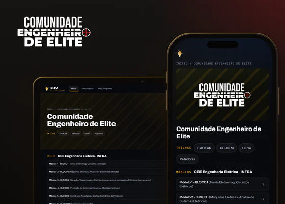 Logo da Comunidade Engenheiro de Elite, com a página do curso no notebook e no celular