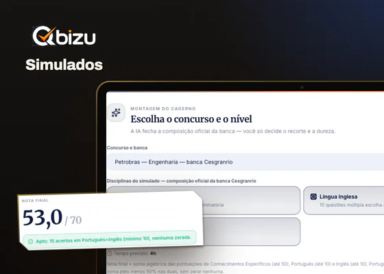 QBizu Simulados no notebook montando o caderno da Petrobras, com a nota final 53,0 de 70